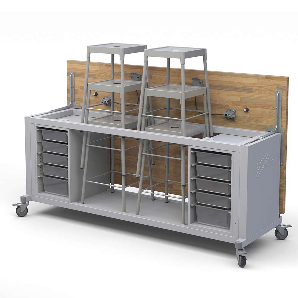 Haskell Education Rover Table with Butcher Block Retractable top, 2 Bin Storage Modules with Bins, 6 Stools (RV1SBxxxB) - SchoolOutlet