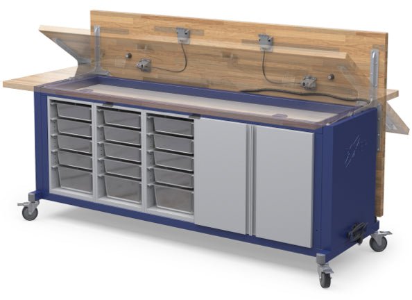 Haskell Education Rover Table with Butcher Block Retractable top, 2 Bin Storage Modules with Bins, 6 Stools (RV1SBxxxB) - SchoolOutlet