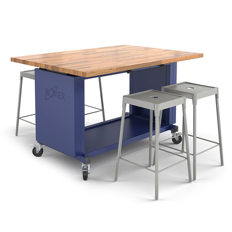 Haskell Education Rover Mobile Makerspace Table with Butcher Block Retractable Top, 4 Stools and Locking Casters - 60"W x 42"D (RV1Sxxx.4260) - SchoolOutlet