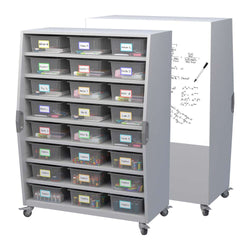 Haskell Education Explorer Tall Storage Cart with 1 fixed, 6 Adjustable Shelves, 24 - 6" bins, Magnetic Whiteboard Backing- 66"H x 47"W x 26.5"D (TSTOR02)