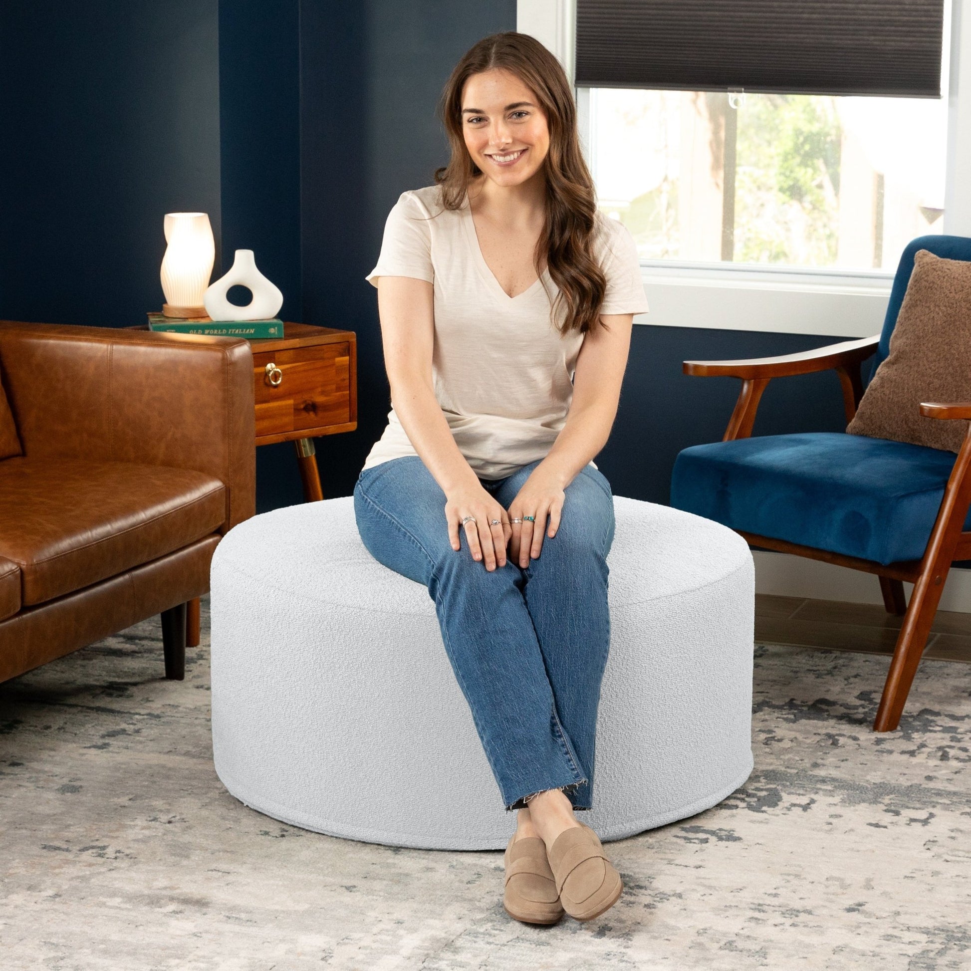 Jaxx Candler Round Couch Ottoman - Oversized Giant Coffee Table & Foot Rest, 36", Luxe Boucle (19784) - SchoolOutlet