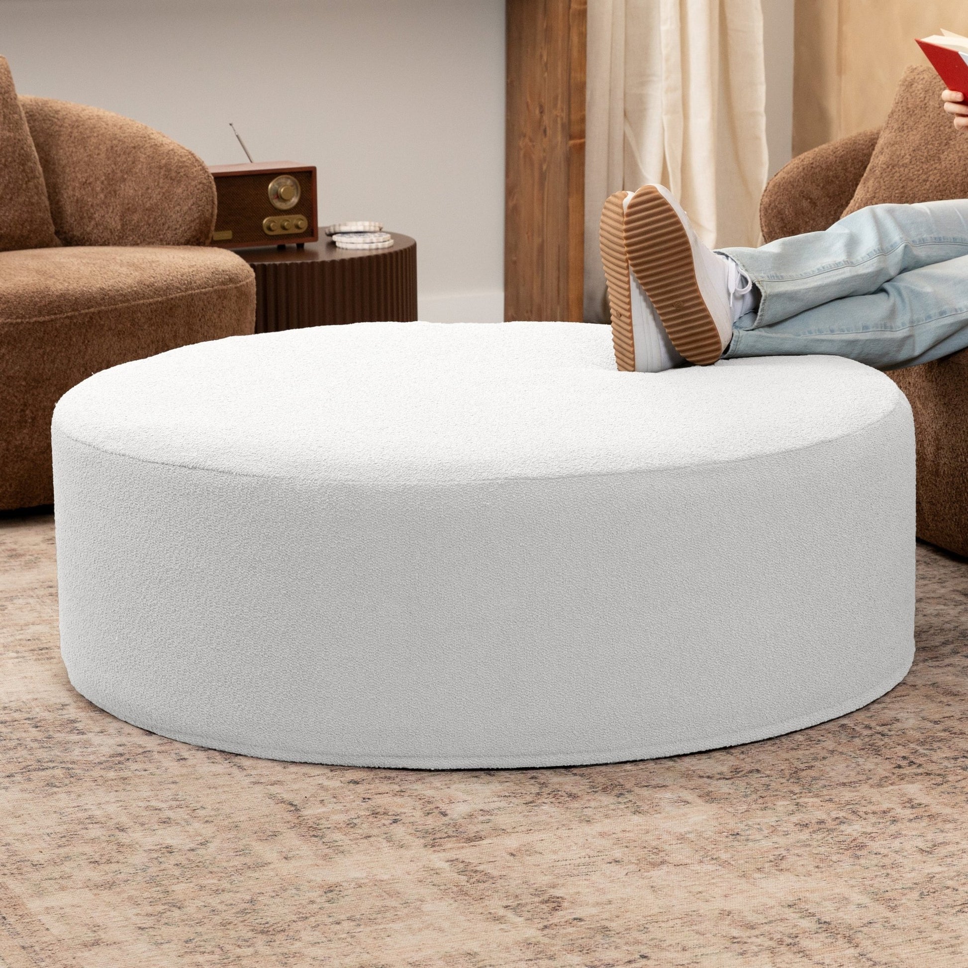 Jaxx Candler Round Couch Ottoman - Oversized Giant Coffee Table & Foot Rest, 48", Luxe Boucle (19785) - SchoolOutlet