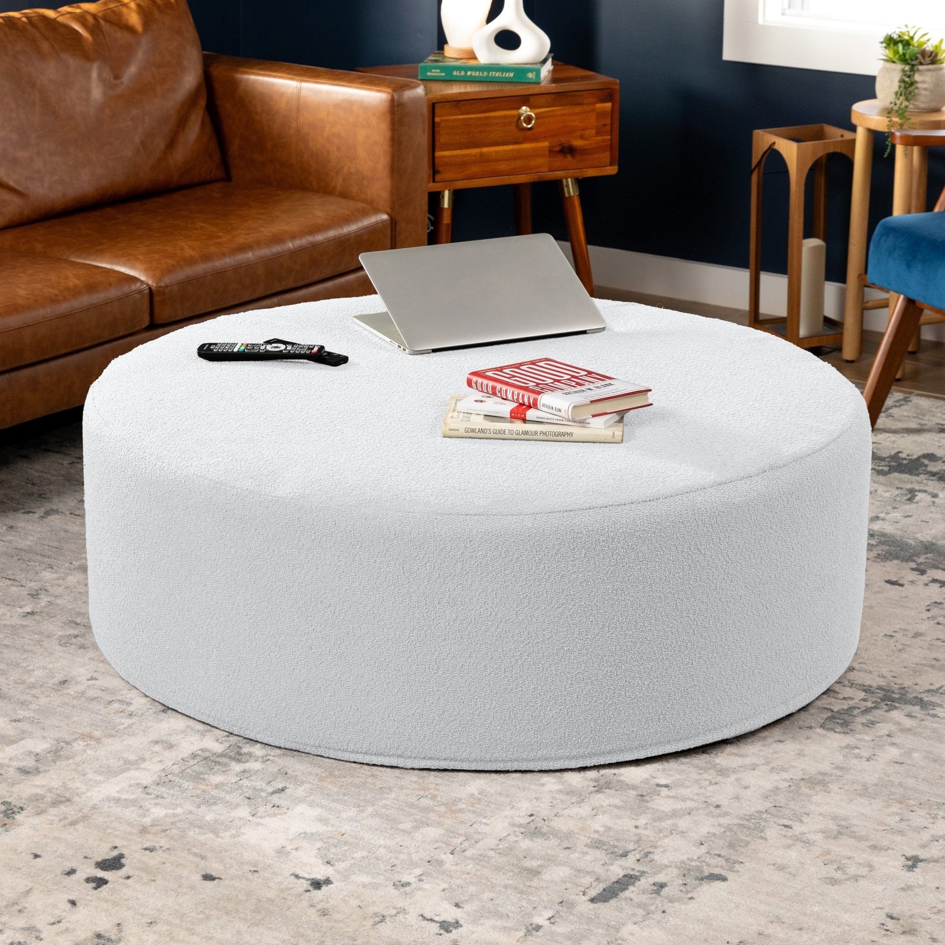 Jaxx Candler Round Couch Ottoman - Oversized Giant Coffee Table & Foot Rest, 48", Luxe Boucle (19785) - SchoolOutlet