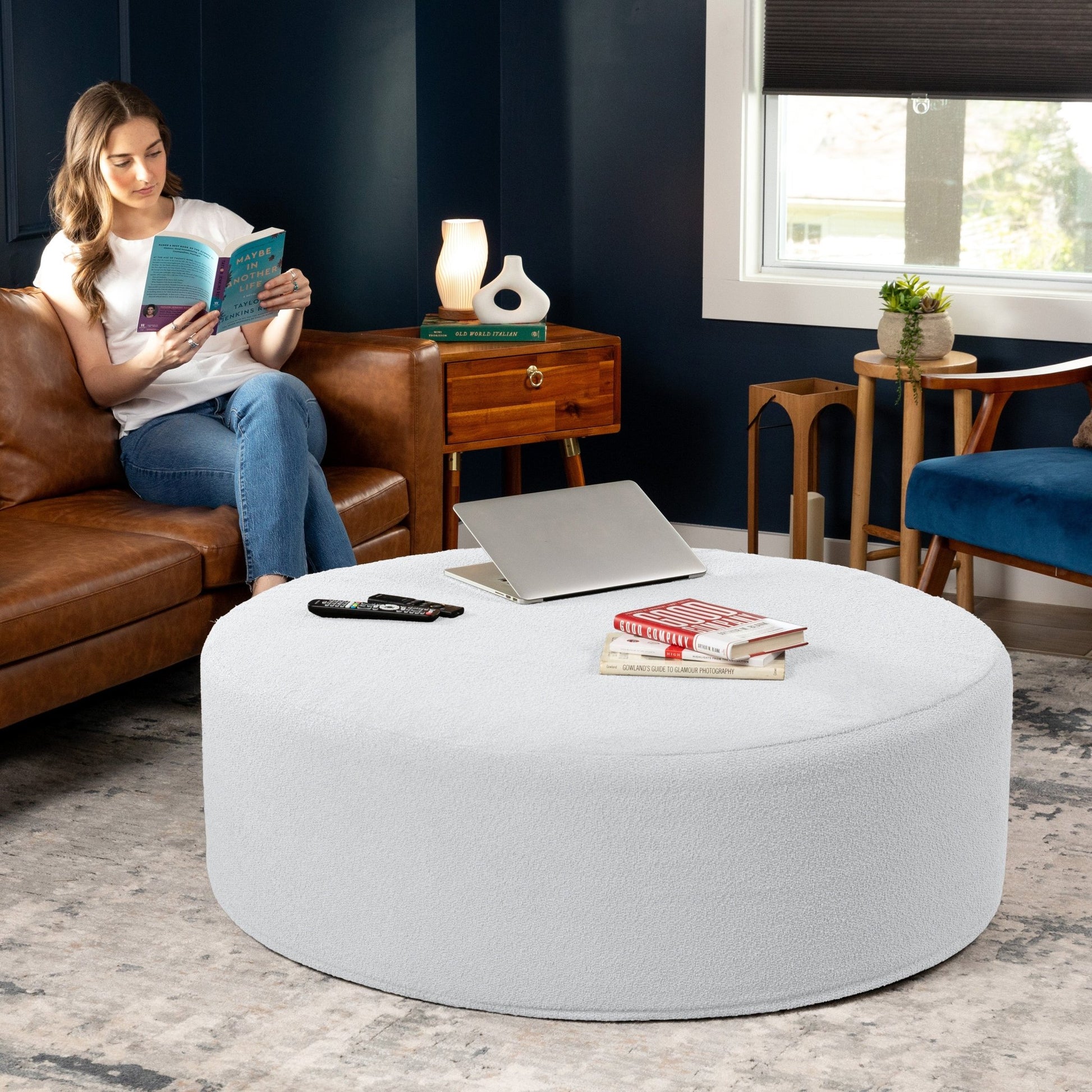 Jaxx Candler Round Couch Ottoman - Oversized Giant Coffee Table & Foot Rest, 48", Luxe Boucle (19785) - SchoolOutlet