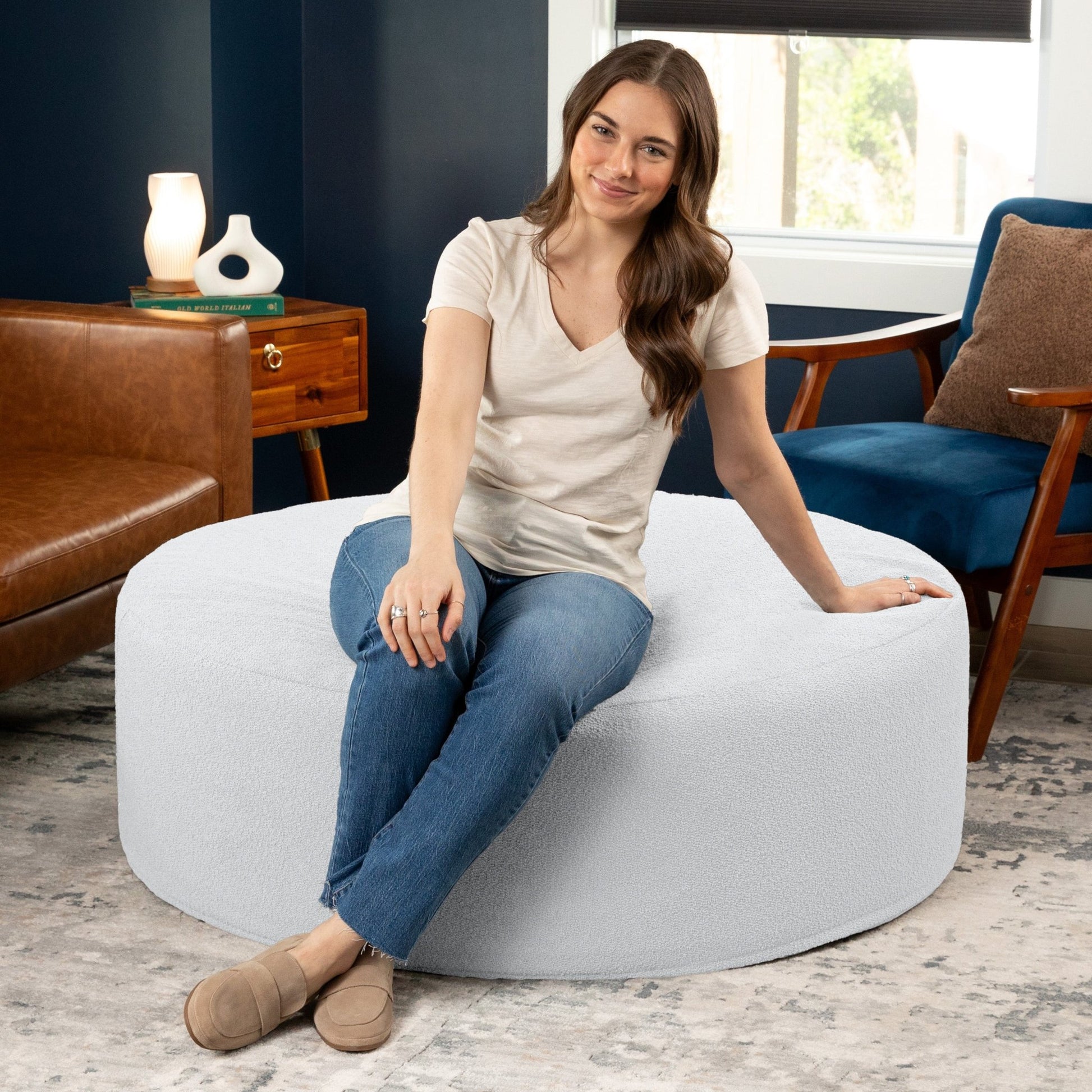 Jaxx Candler Round Couch Ottoman - Oversized Giant Coffee Table & Foot Rest, 48", Luxe Boucle (19785) - SchoolOutlet