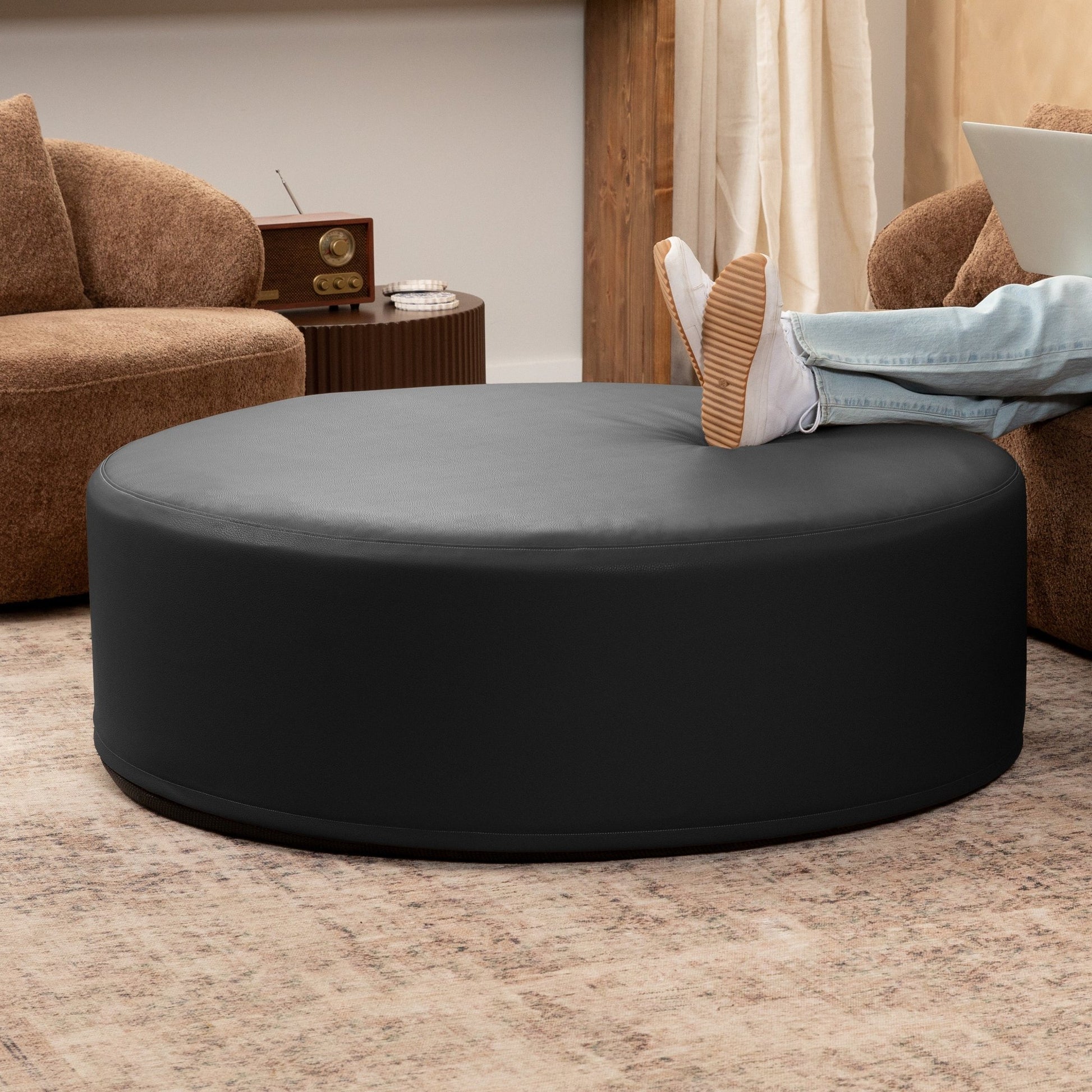 Jaxx Candler Round Couch Ottoman - Oversized Giant Coffee Table & Foot Rest, 48" - Premium Faux Leather (19787) - SchoolOutlet