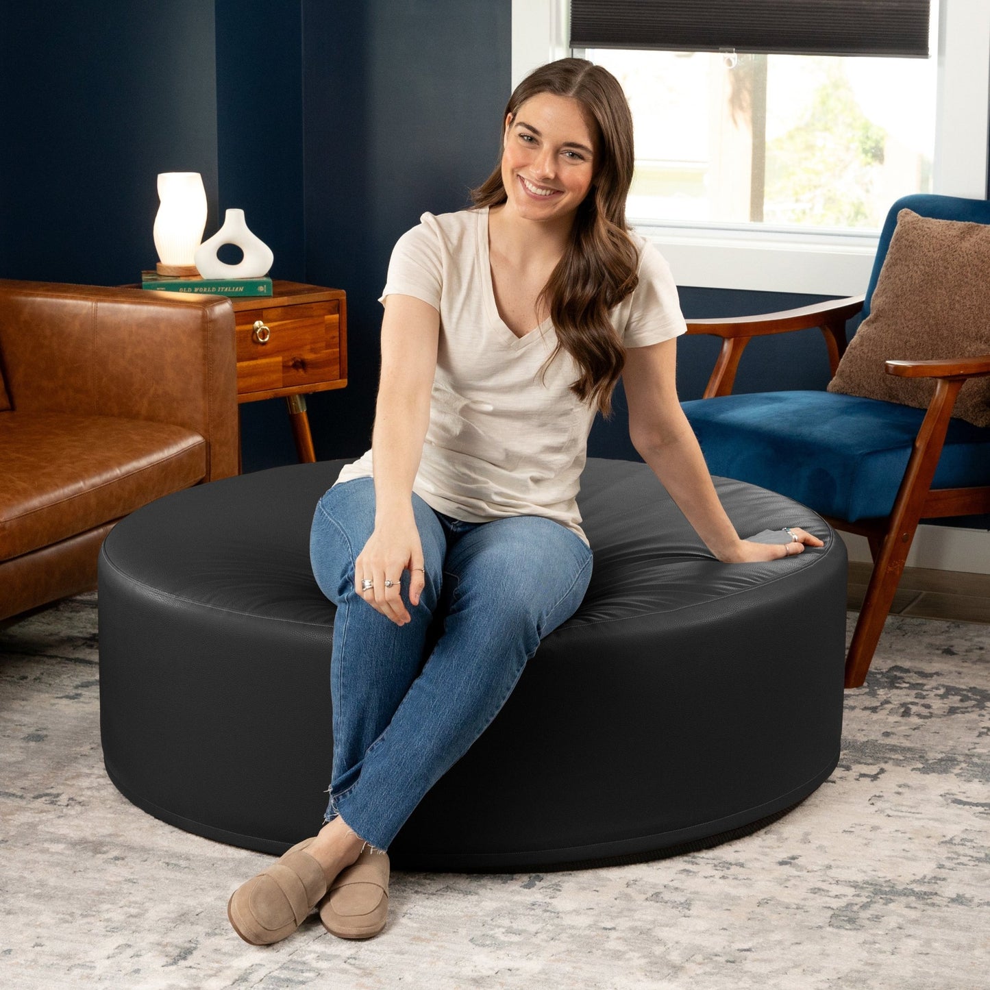 Jaxx Candler Round Couch Ottoman - Oversized Giant Coffee Table & Foot Rest, 48" - Premium Faux Leather (19787) - SchoolOutlet