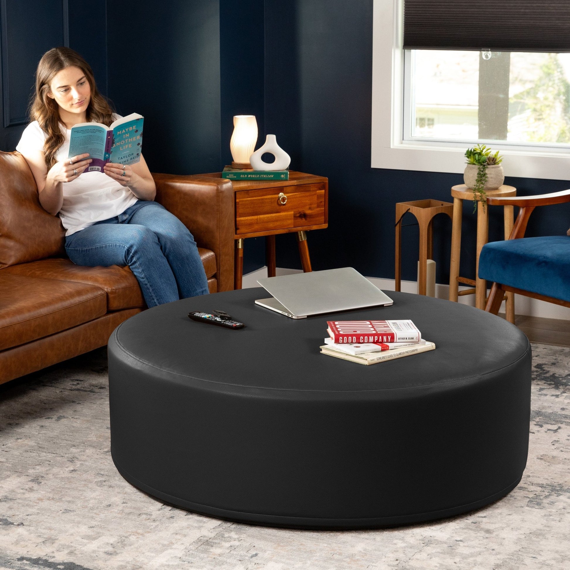 Jaxx Candler Round Couch Ottoman - Oversized Giant Coffee Table & Foot Rest, 48" - Premium Faux Leather (19787) - SchoolOutlet