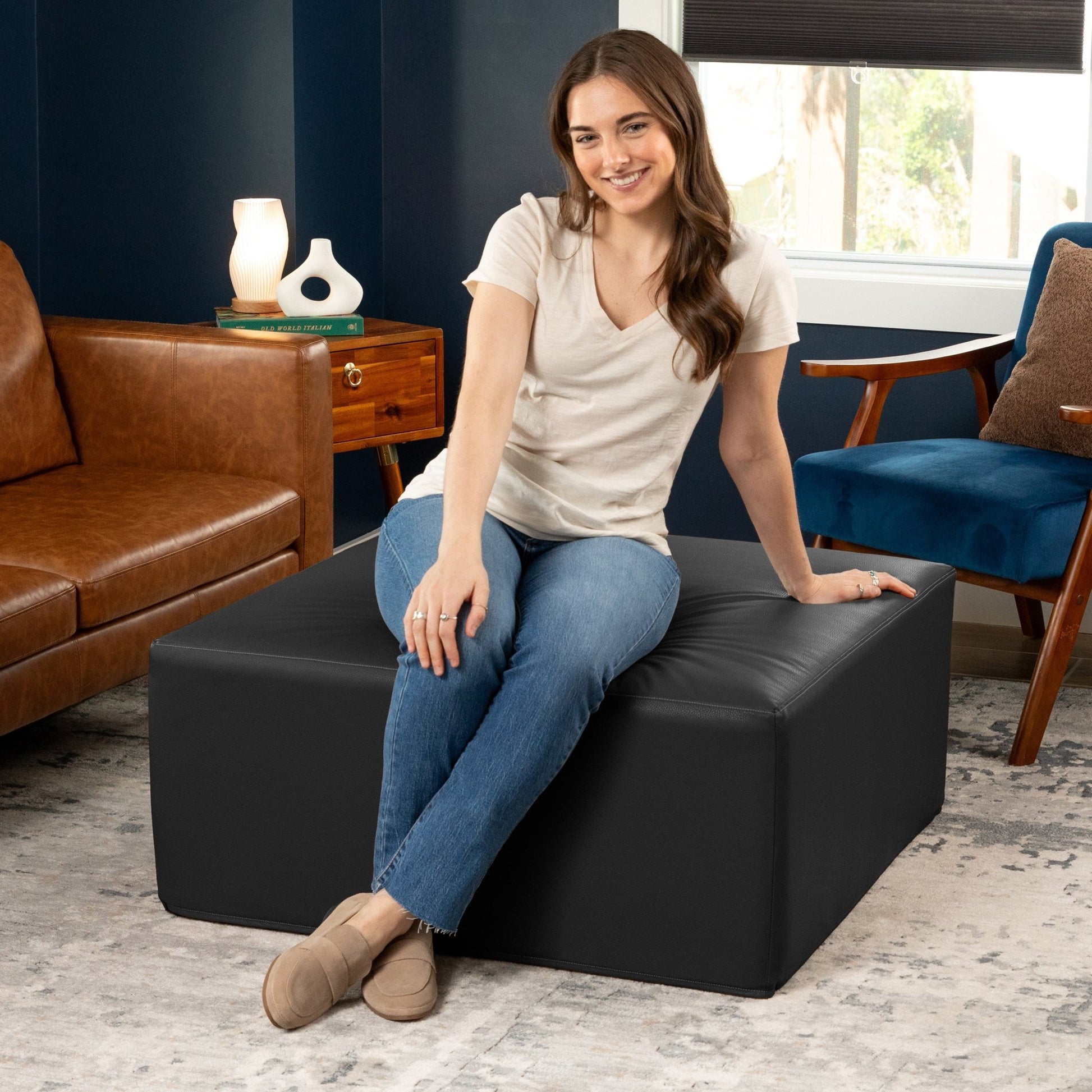 Jaxx Fairlie Couch Ottoman, Oversized Square Foam Coffee Table Ottoman - Premium Faux Leather(19789) - SchoolOutlet