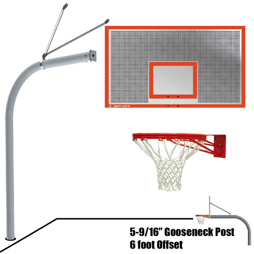 Jaypro Basketball System - Gooseneck (5 - 9/16" Pole with 6 ft. Offset) - 72"W x 42"H Perforated Steel Backboard - Rectangular, Outdoor (656 - PERF - XX) - SchoolOutlet