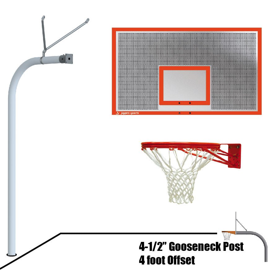 Jaypro Basketball System - Gooseneck (4 - 1/2" Pole with 4 ft. Offset) - 72" Perforated Steel Board (996 - PERF - XX) - SchoolOutlet