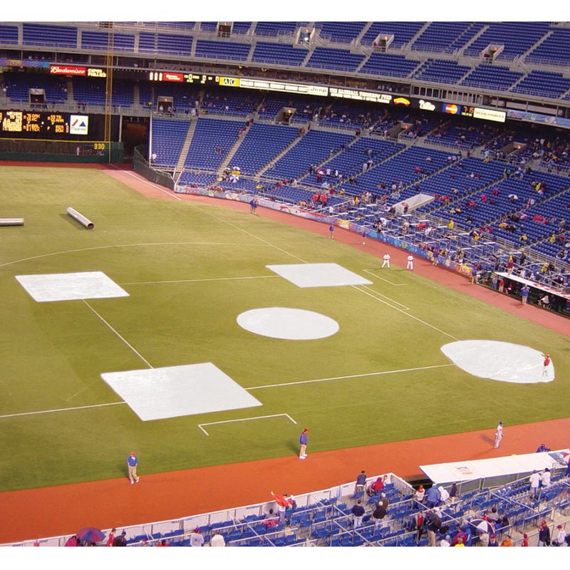 Jaypro Sports Outdoor Field Equipment - Baseball Tarp with Ground Stakes (26' Round - 6 OZ. Polyethylene) - Home Plate (White or Silver - Reversible) (AFC - HP) - SchoolOutlet