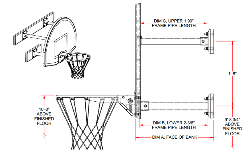 Jaypro Sports Basketball Backstop - Wall - Mounted - Shooting Station - 3 - Point Fan Backboard - 6 in. - 2 ft. Wall Offset (N2FB) - SchoolOutlet