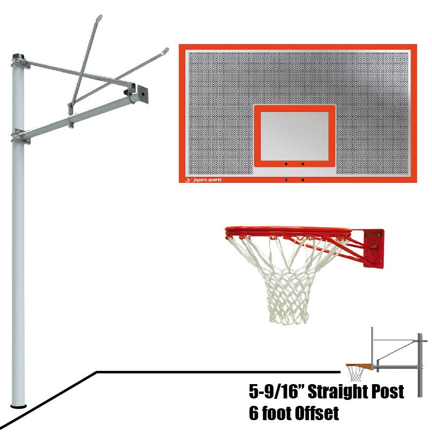 Jaypro Basketball System - Straight Post (5 - 9/16" Pole with 6 ft. Offset) - 72" Perforated Aluminum Backboard (SPA6 - ALP - XX) - SchoolOutlet