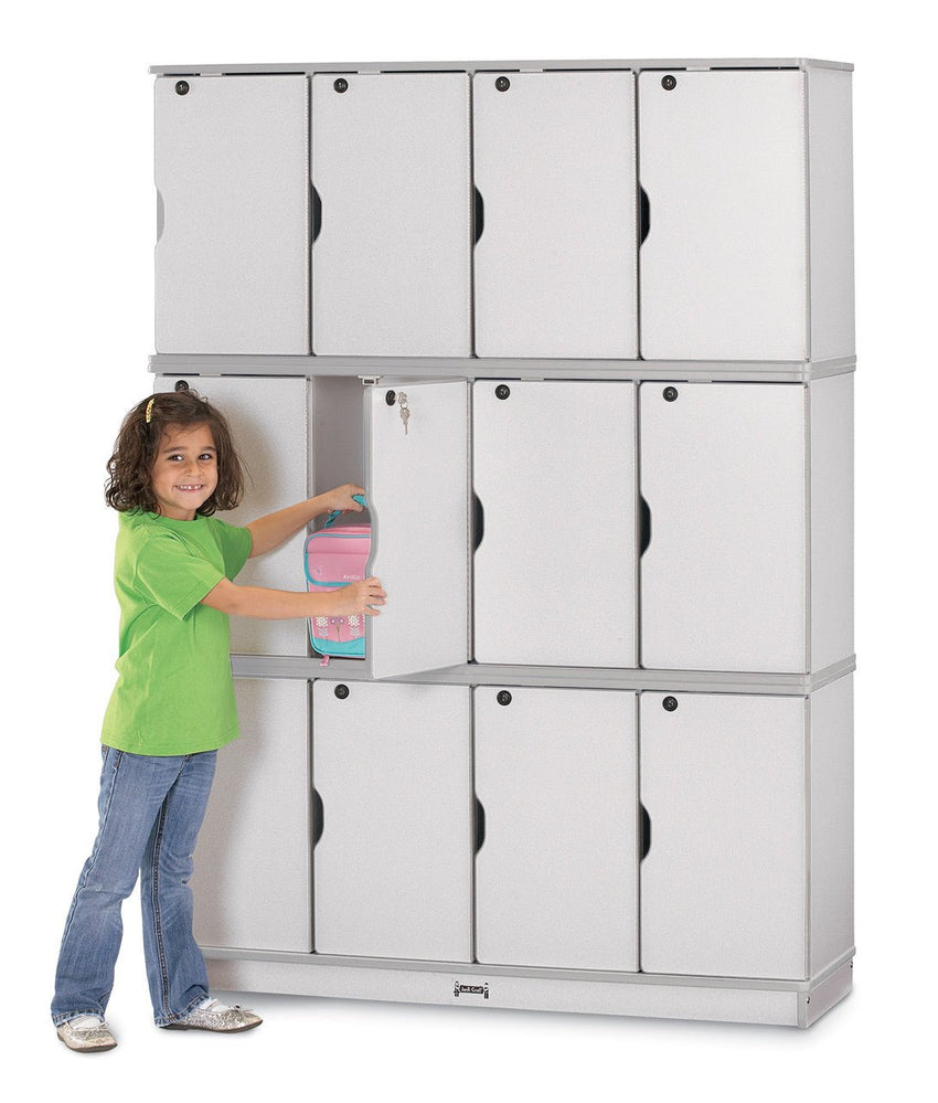 Jonti-Craft Rainbow Accents 12-Section Stackable Lockers - Triple Stack 48.5"W x 15"D x 67"H (JON-4697JCXXX) - SchoolOutlet