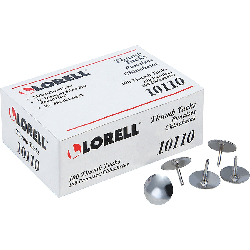 Lorell Durable Nickel - Plated Steel Thumb Tacks for Cork Boards 0.37" W x 0.31" D x 0.37" H Pack of 100 (LLR - LLR10110) - SchoolOutlet