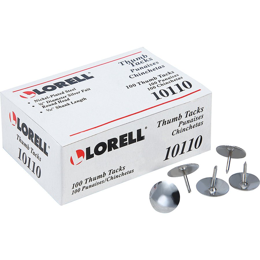 Lorell Durable Nickel - Plated Steel Thumb Tacks for Cork Boards 0.37" W x 0.31" D x 0.37" H Pack of 100 Set of 10 (LLR - LLR10110BX) - SchoolOutlet