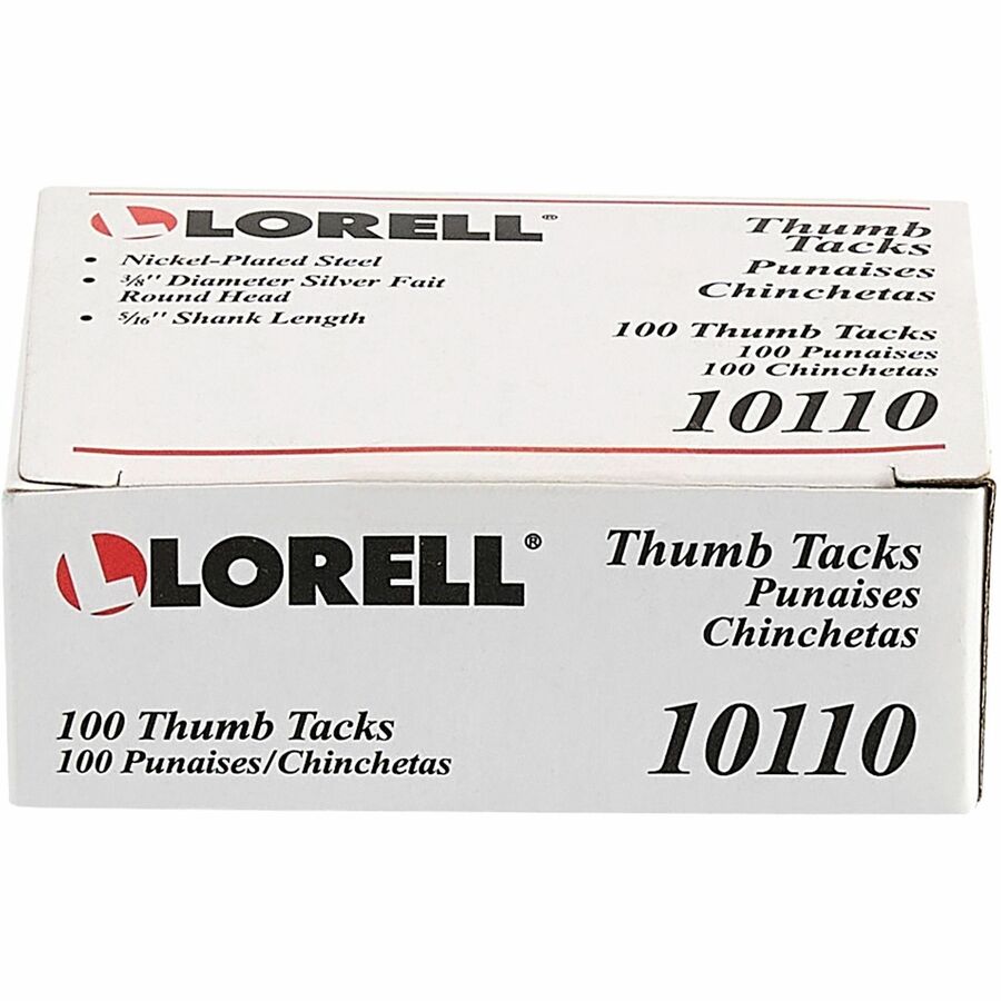 Lorell Durable Nickel - Plated Steel Thumb Tacks for Cork Boards 0.37" W x 0.31" D x 0.37" H Pack of 100 Set of 10 (LLR - LLR10110BX) - SchoolOutlet