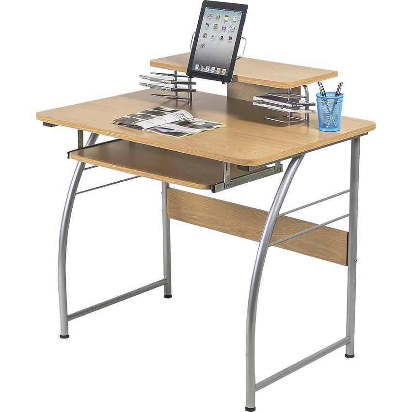 Lorell Computer Desk with Upper Shelf Keyboard Tray Maple Steel Frame (LLR - LLR14337) - SchoolOutlet