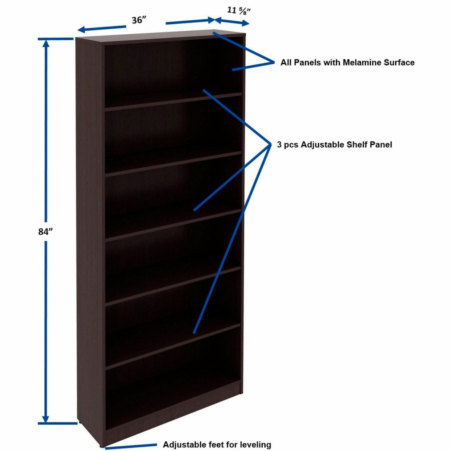 Lorell 6 - Shelf Laminate Bookcase 36"W x 12"D x 84"H Espresso (LLR - LAM - BC84 - 6S) - SchoolOutlet