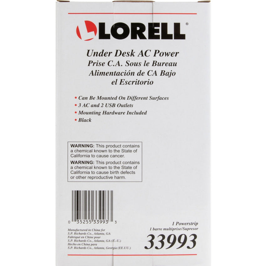 Lorell Under Desk Surface - Mount Power Center with USB Charger 3 AC 2 USB 6" W x 2" D x 2" H (LLR - LLR33993) - SchoolOutlet
