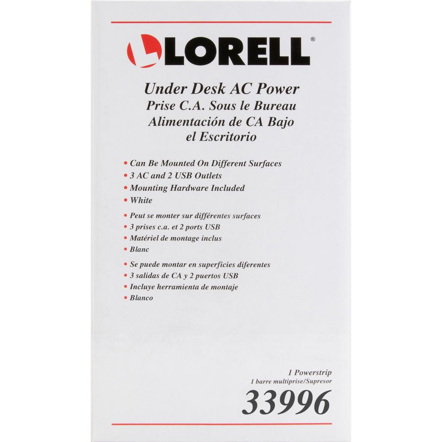 Lorell Surface - Mount Under Desk Power Center with USB Charger 3 AC 2 USB 8 ft Cord 6" W x 2" D x 2" H (LLR - LLR33996) - SchoolOutlet