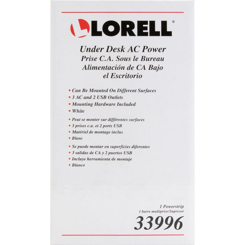 Lorell Surface - Mount Under Desk Power Center with USB Charger 3 AC 2 USB 8 ft Cord 6" W x 2" D x 2" H (LLR - LLR33996) - SchoolOutlet