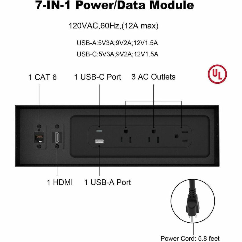 Lorell 7 - in - 1 Desk Mount Power and Data Outlet with USB HDMI CAT6 3 AC 5.66 ft Cord 8.7" W x 2.2" D x 1.9" H (LLR - LLR34005) - SchoolOutlet
