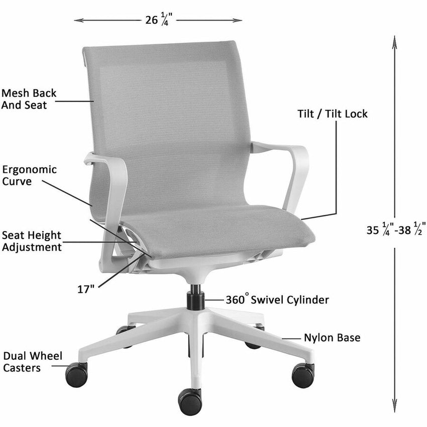 Lorell Premium Executive Mesh Mid - Back Sling Chair Gray Ergonomic Swivel 35.25 - 38.50 "H (LLR - LLR40207) - SchoolOutlet