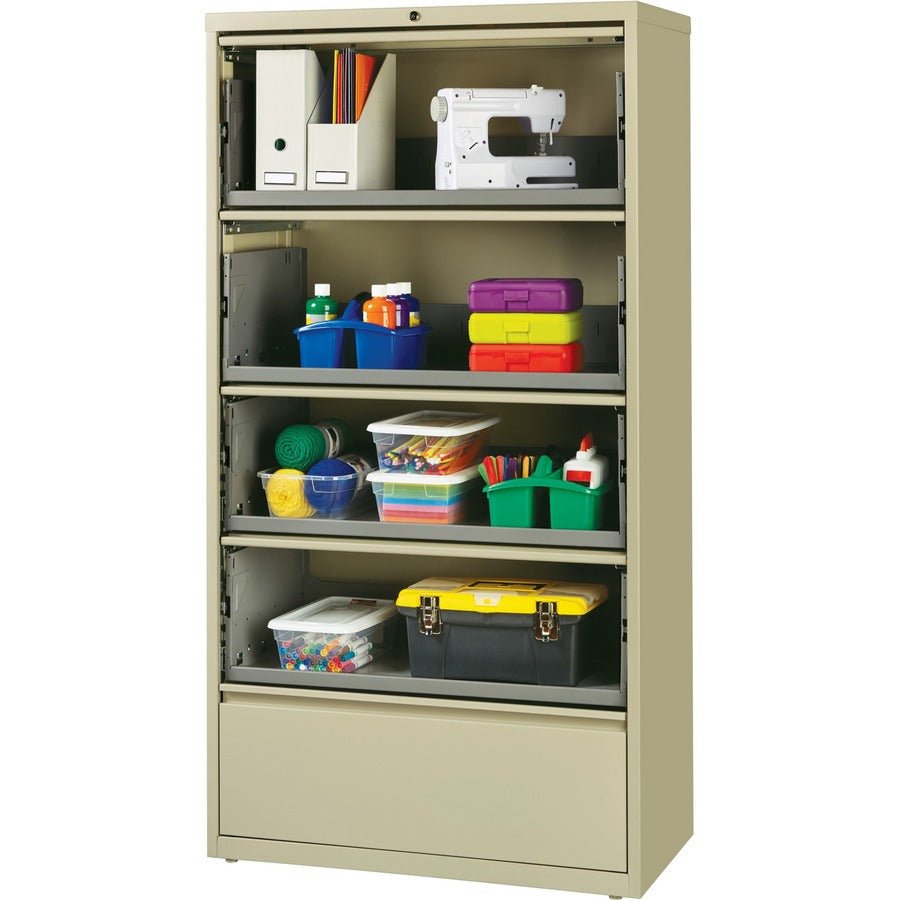 Lorell Fortress Series 5 - Drawer Receding Lateral File with Roll - Out Shelves Putty Steel 36"W x 18.6"D x 68.8"H (LLR - LLR43512) - SchoolOutlet