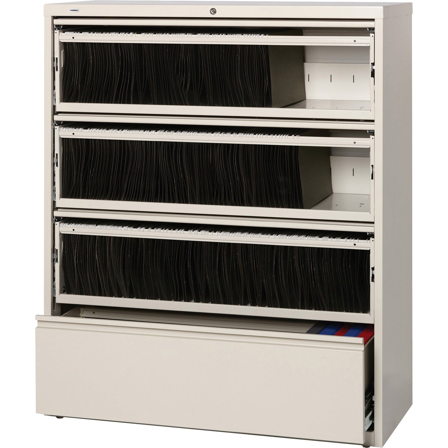 Lorell Fortress Series 4 - Drawer Lateral File with Receding Fronts and Roll - Out Shelves 42"W x 18.6"D x 52.5"H (LLR - LLR4351X42) - SchoolOutlet
