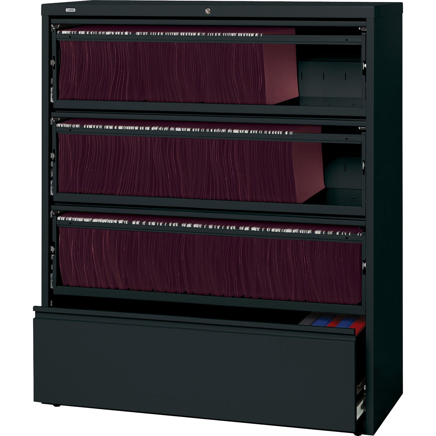 Lorell Fortress Series 4 - Drawer Lateral File with Receding Fronts and Roll - Out Shelves 42"W x 18.6"D x 52.5"H (LLR - LLR4351X42) - SchoolOutlet