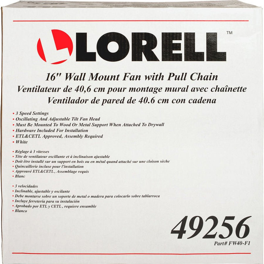 Lorell Pull - chain Wall - Mounting 3 - speed Fan with Oscillating Adjustable Tilt Head and 5 ft. Power Cord (LLR - LLR49256) - SchoolOutlet