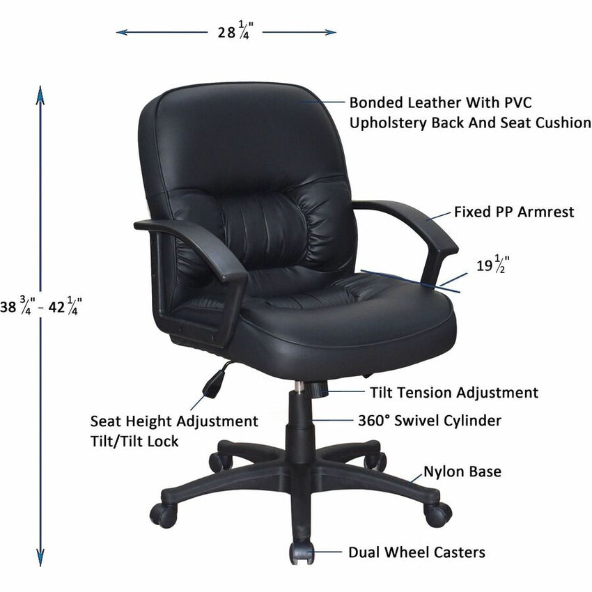 Lorell Tufted Managerial Mid - Back Office Chair Black Leather with Adjustable Tilt and Swivel (LLR - LLR60115) - SchoolOutlet