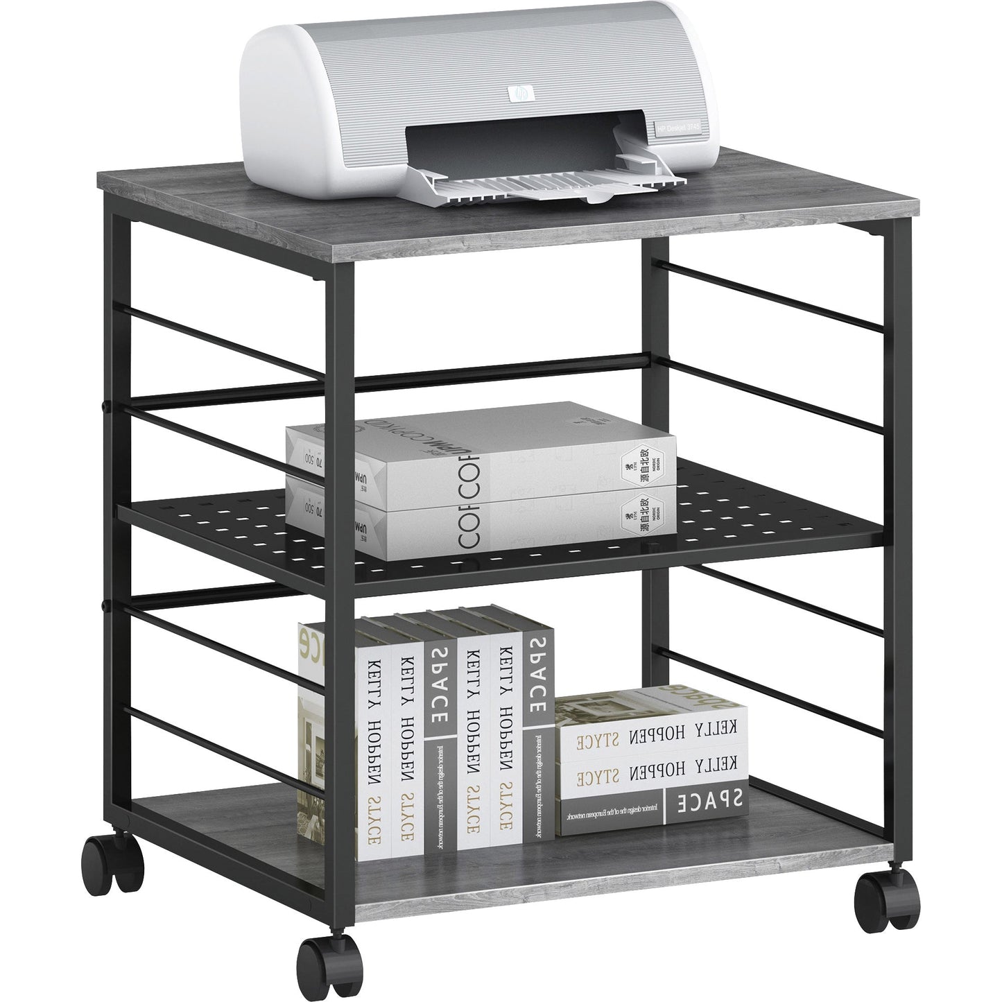 Lorell Heavy - Duty Deskside Mobile Printer Stand with 3 Shelves and Locking Casters 23.6" W x 19.6" D x 26.5" H (LLR - LLR60263) - SchoolOutlet