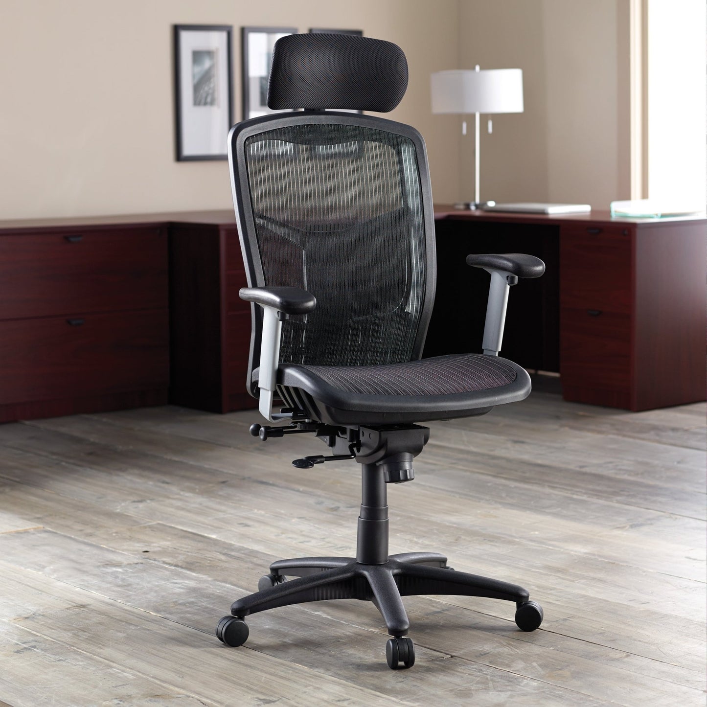 Lorell ErgoMesh Series Mesh High - Back Office Chair with Adjustable Headrest and Synchro Knee Tilt 34.38 - 42.88 "H (LLR - LLR60324) - SchoolOutlet