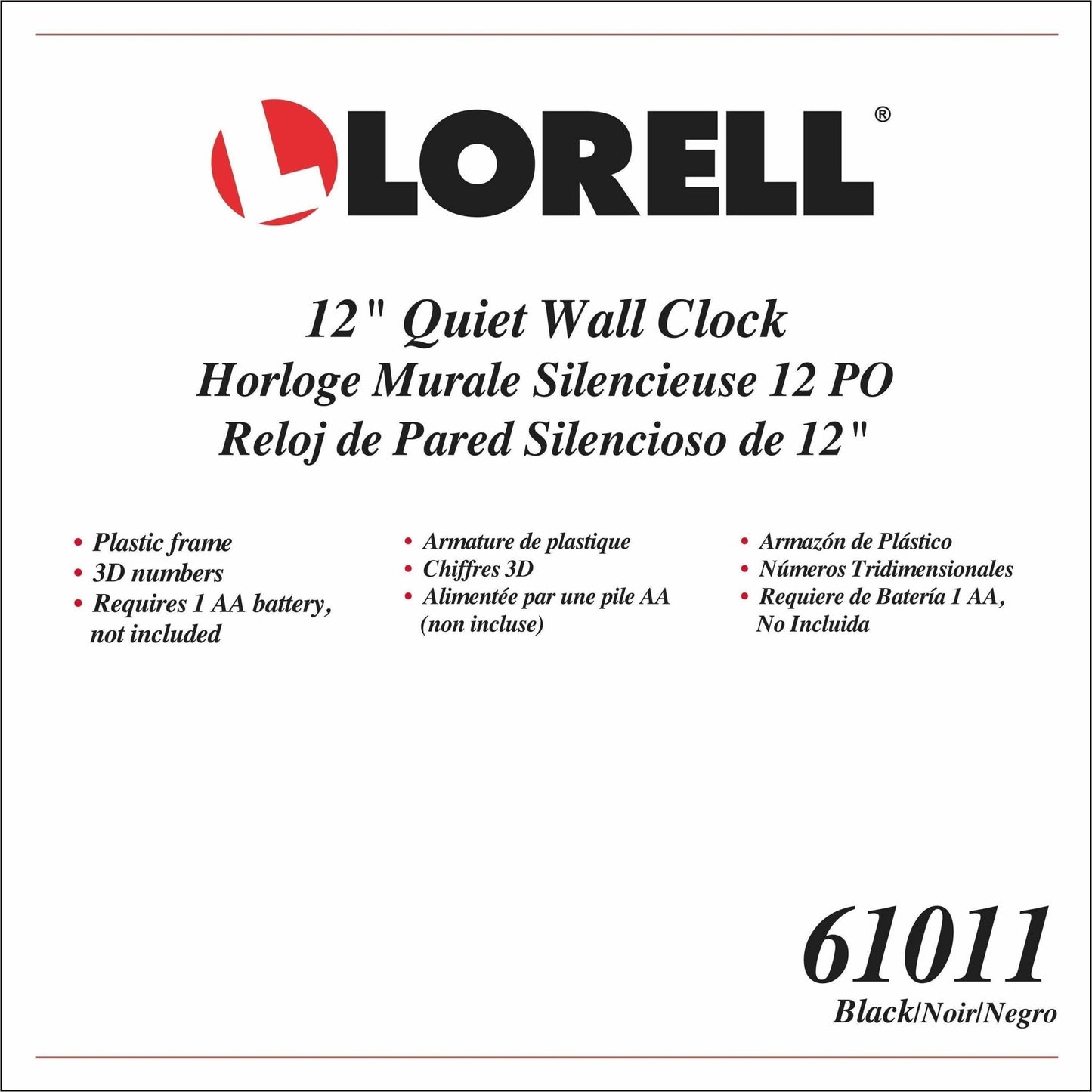 Lorell 12" Round Quiet Wall Clock with Silent Quartz Movement (LLR - LLR61011) - SchoolOutlet