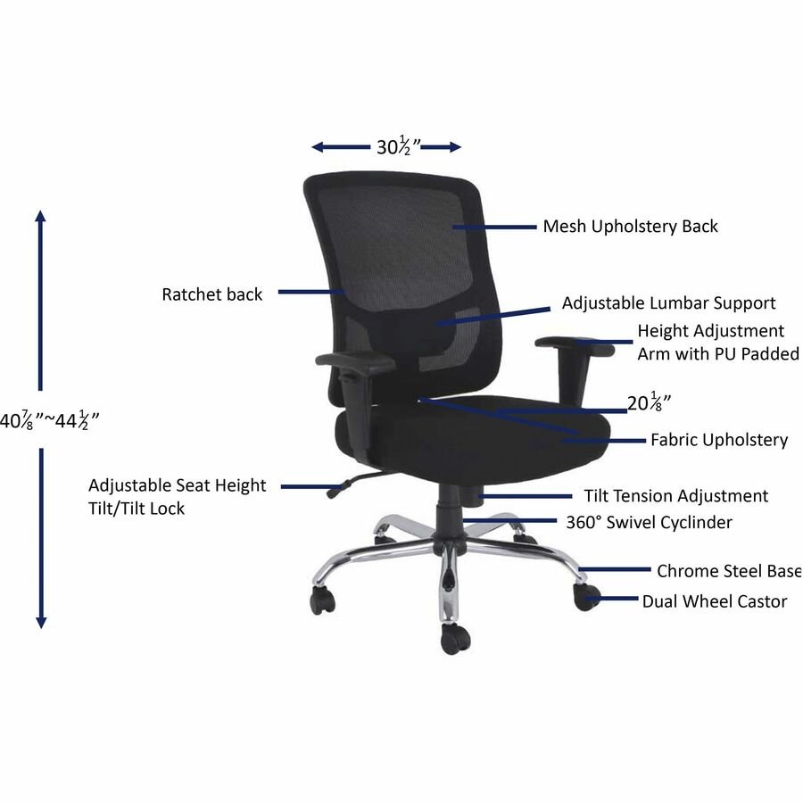 Lorell Big & Tall Mesh High - Back Task Chair Black Fabric Seat 400 lb Capacity 18.125" - 21.625 "H (LLR - LLR62625) - SchoolOutlet