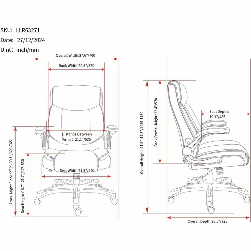 Lorell Sera High - Back Manager Chair with Flip - Up Arms and Polyurethane Upholstery (LLR - LLR63271) - SchoolOutlet