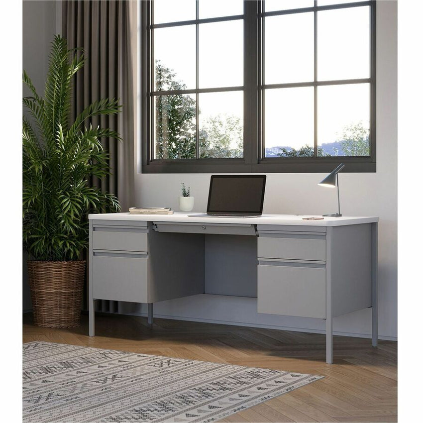 Lorell Fortress Series Platinum Steel Teachers Desk with Laminate Top and Centralized Locking Double - Pedestal Storage 60"W x 30"D x 29.5"H (LLR - LLR669XX) - SchoolOutlet