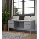Lorell Fortress Series Platinum Steel Teachers Desk with Laminate Top and Centralized Locking Double - Pedestal Storage 60