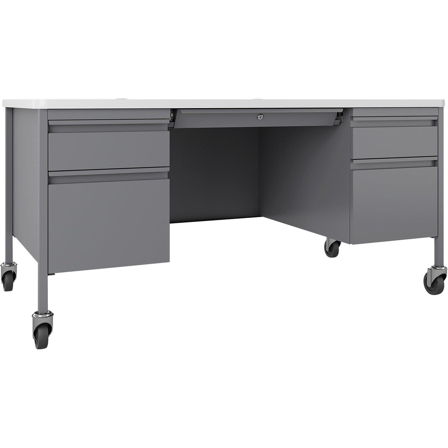 Lorell Fortress Series Platinum Steel Teachers Desk with Laminate Top and Centralized Locking Double - Pedestal Storage 60"W x 30"D x 29.5"H (LLR - LLR669XX) - SchoolOutlet
