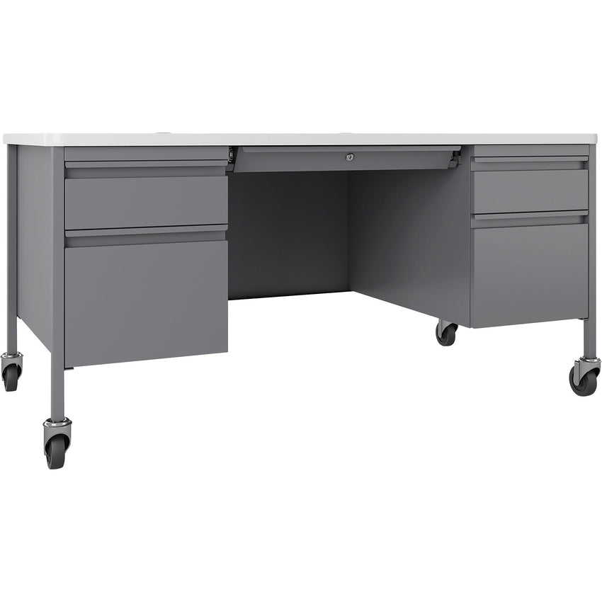 Lorell Fortress Series Platinum Steel Teachers Desk with Laminate Top and Centralized Locking Double - Pedestal Storage 60"W x 30"D x 29.5"H (LLR - LLR669XX) - SchoolOutlet