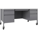 Lorell Fortress Series Platinum Steel Teachers Desk with Laminate Top and Centralized Locking Double - Pedestal Storage 60