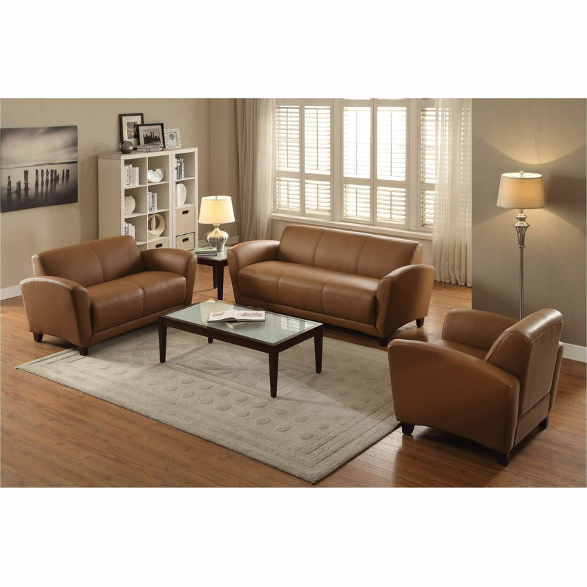 Lorell Accession Club Chair Tan Bonded Leather with Mahogany Wood Legs 19 "H (LLR - LLR68948) - SchoolOutlet