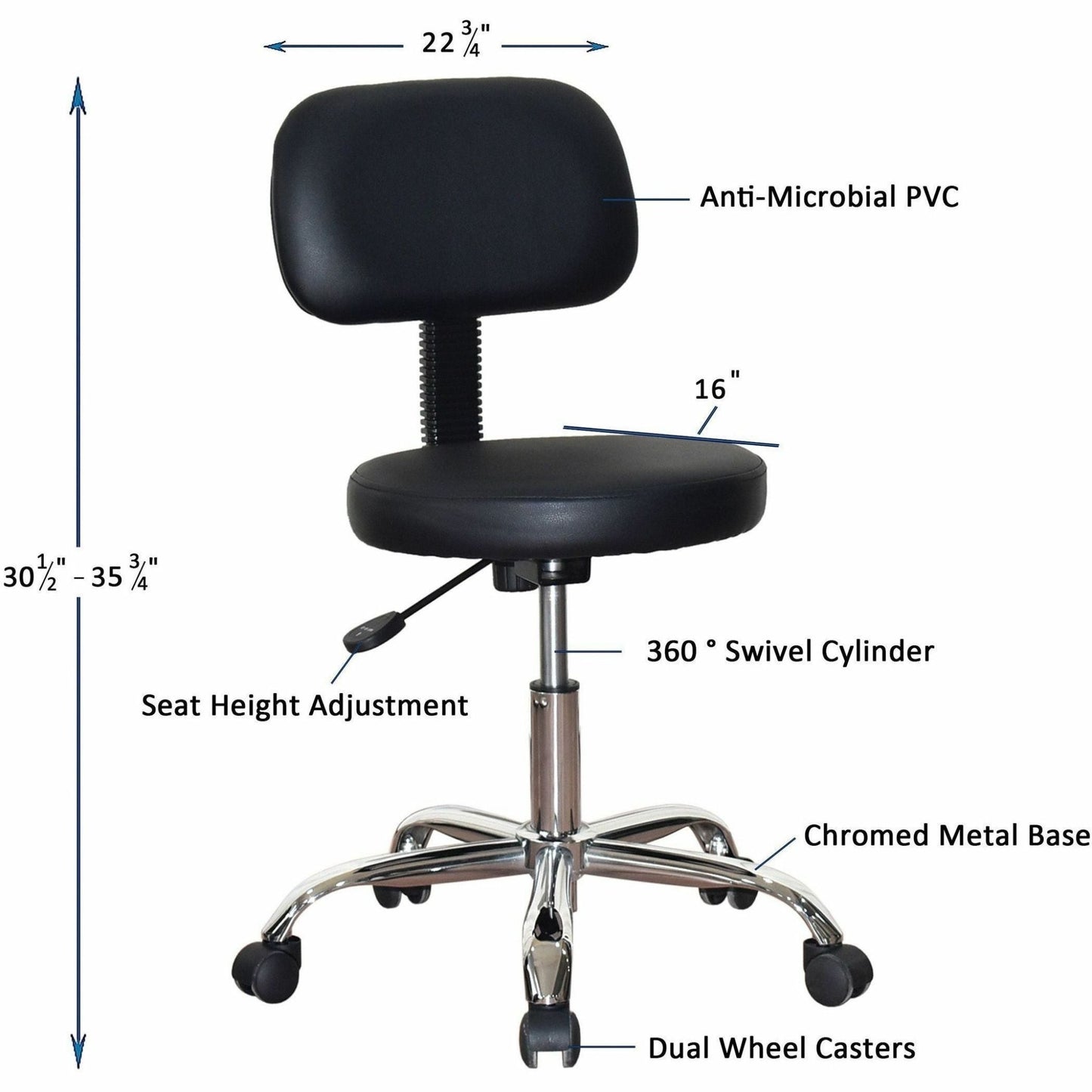 Lorell 16" Round Seat Pneumatic - Lift Stool with Back and Adjustable Height 17.5 - 22.75 H (LLR - LLR69511) - SchoolOutlet