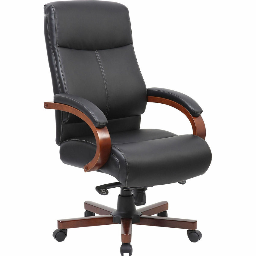 Lorell Executive High - Back Wood Finish Leather Office Chair with Pneumatic Height Adjustment and Knee Tilt 19.4" - 22.4"H (LLR - LLR6953X) - SchoolOutlet