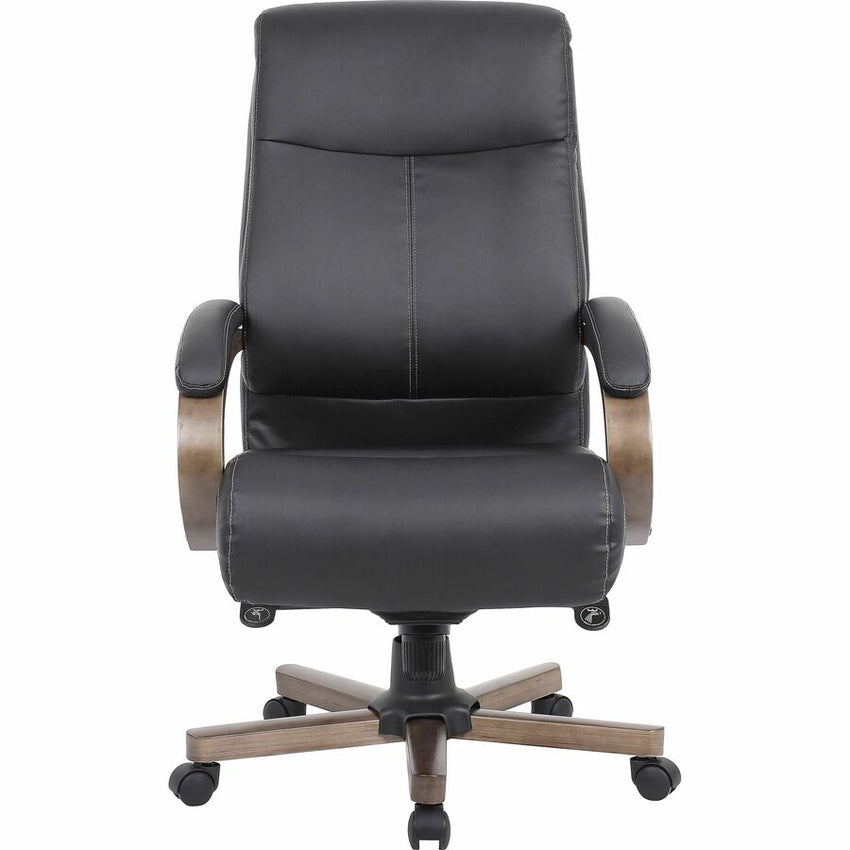 Lorell Executive High - Back Wood Finish Leather Office Chair with Pneumatic Height Adjustment and Knee Tilt 19.5" - 22.25"H (LLR - LLR69590) - SchoolOutlet