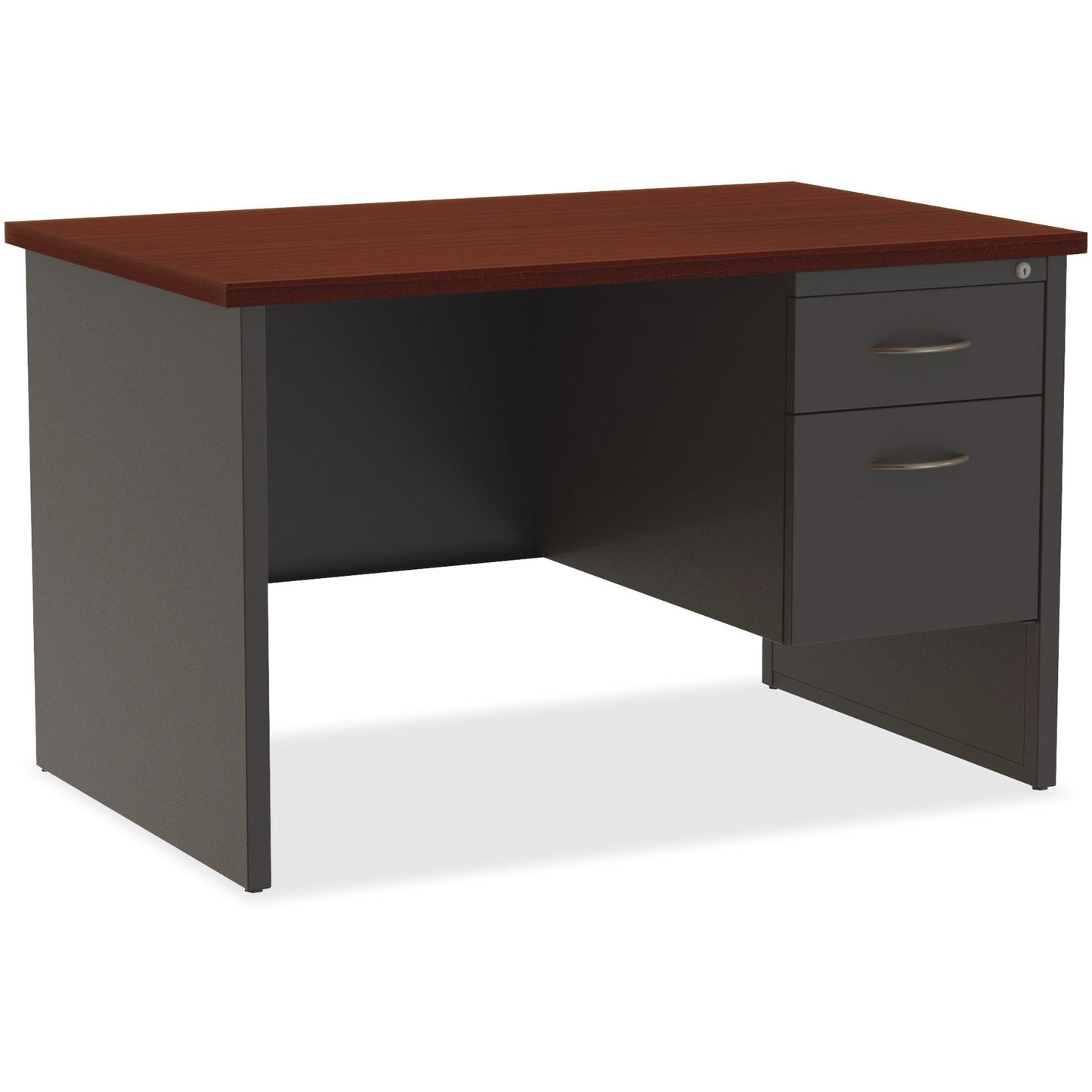 Lorell Fortress Modular Series Right - Pedestal Desk with Mahogany Laminate Top and Industrial Grade Charcoal Steel Construction 48"W x 30"D (LLR - LLR79148) - SchoolOutlet