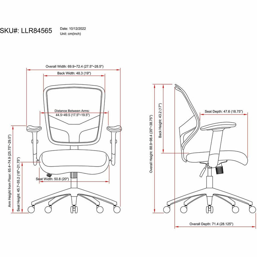 Lorell Executive Mesh Mid - Back Office Chair with Adjustable Lumbar Support and Height - Adjustable Arms 18" - 21.75"H (LLR - LLR84565) - SchoolOutlet